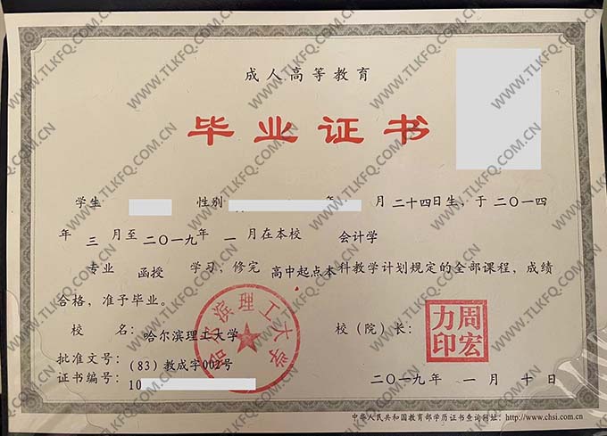 哈尔滨理工大学2019年成人教育函授本科毕业证（会计学）
