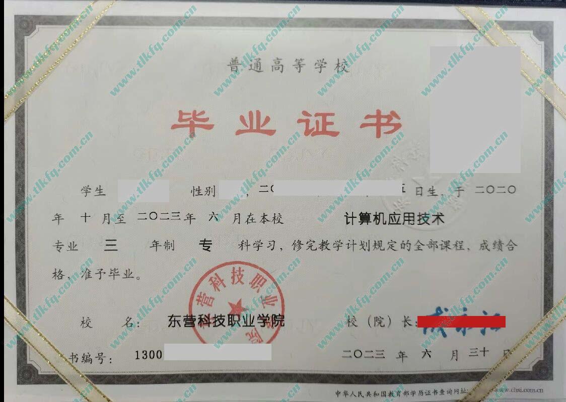 东营科技职业学院2023年全日制大专毕业证样本