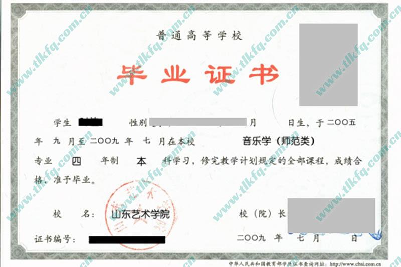 山东艺术学院2009年统招本科毕业证样本（音乐学 师范类）