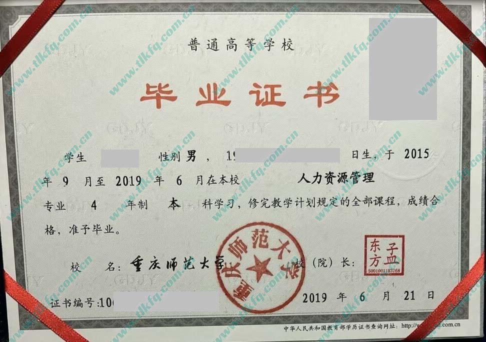 重庆师范大学2019年统招本科毕业证（人力资源管理）