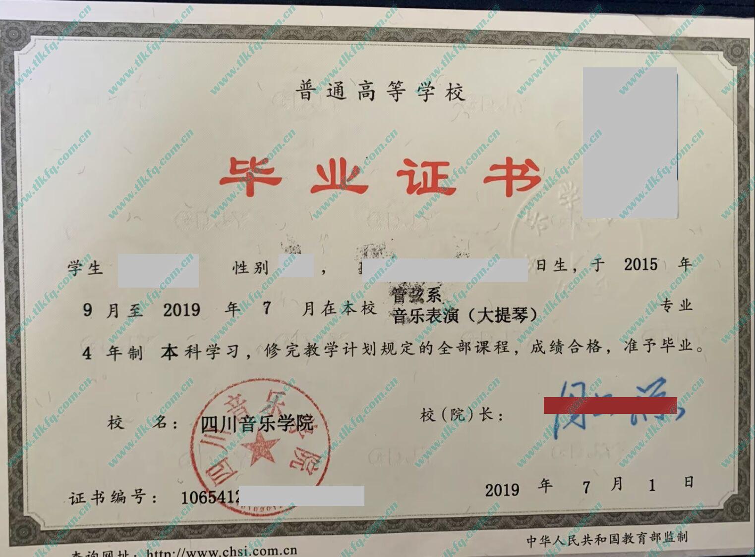 四川音乐学院2019年全日制本科毕业证样本（音乐表演 大提琴）