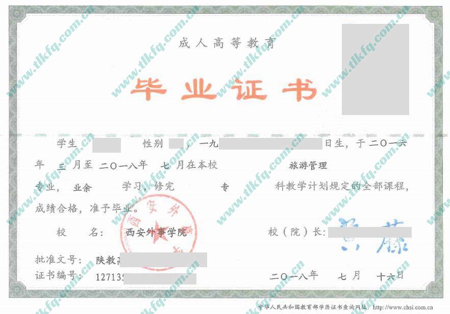 西安外事学院2018年业余大专毕业证样本（旅游管理）
