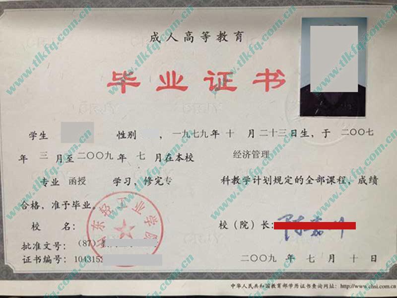 山东轻工业学院2009年成人教育大专毕业证样本（经济管理）