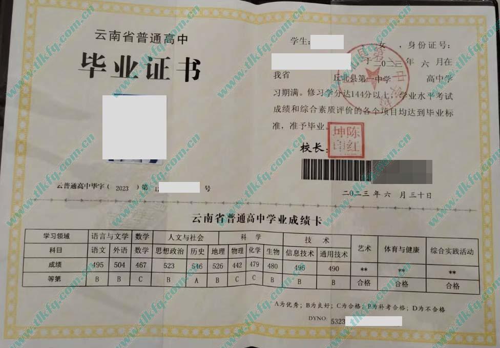 云南省丘北县第一中学2023年普通高中毕业证样本