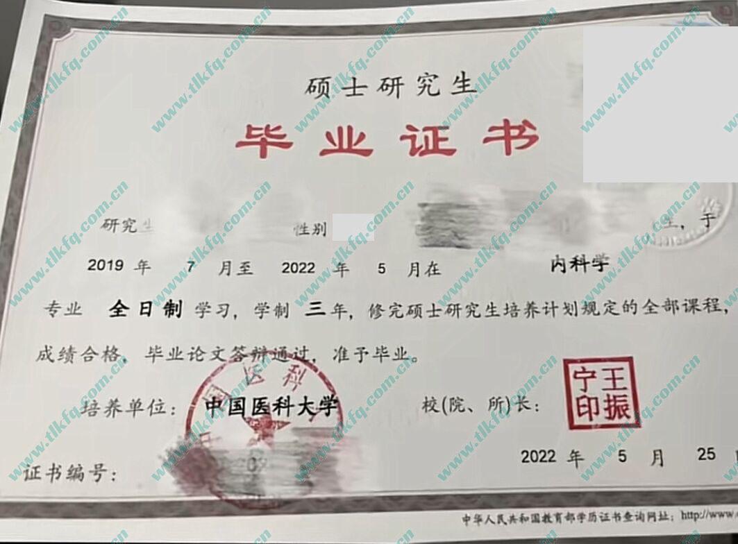 中国医科大学2022年全日制硕士研究生毕业证样本（内科学）