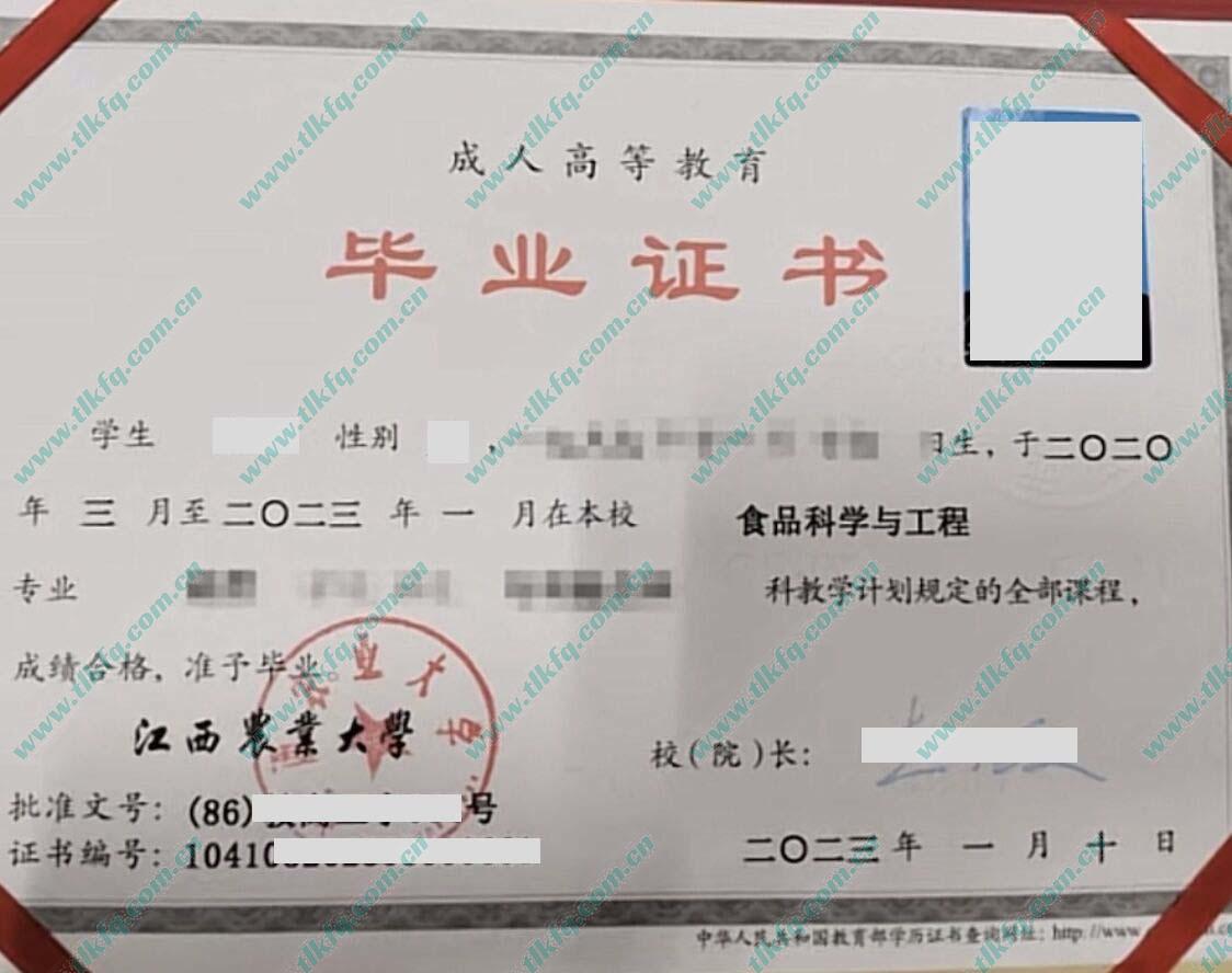 江西农业大学2023年成人教育毕业证样本（食品科学与工程）