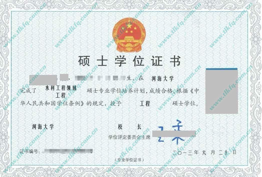 河海大学2013年硕士学位证样本
