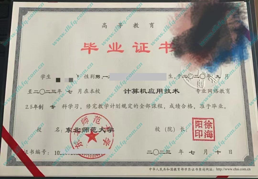 东北师范大学2023年网教大专毕业证样本（计算机应用技术）