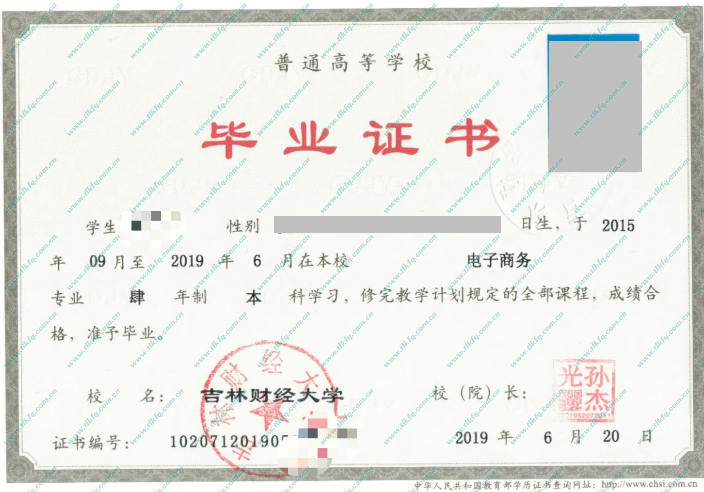 吉林财经大学2019年全日制本科毕业证样本（电子商务）