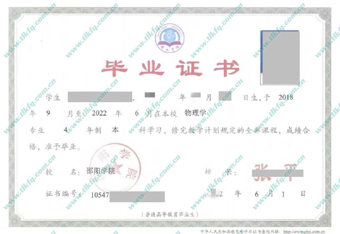 邵阳学院2022年全日制本科毕业证样本（物理学）