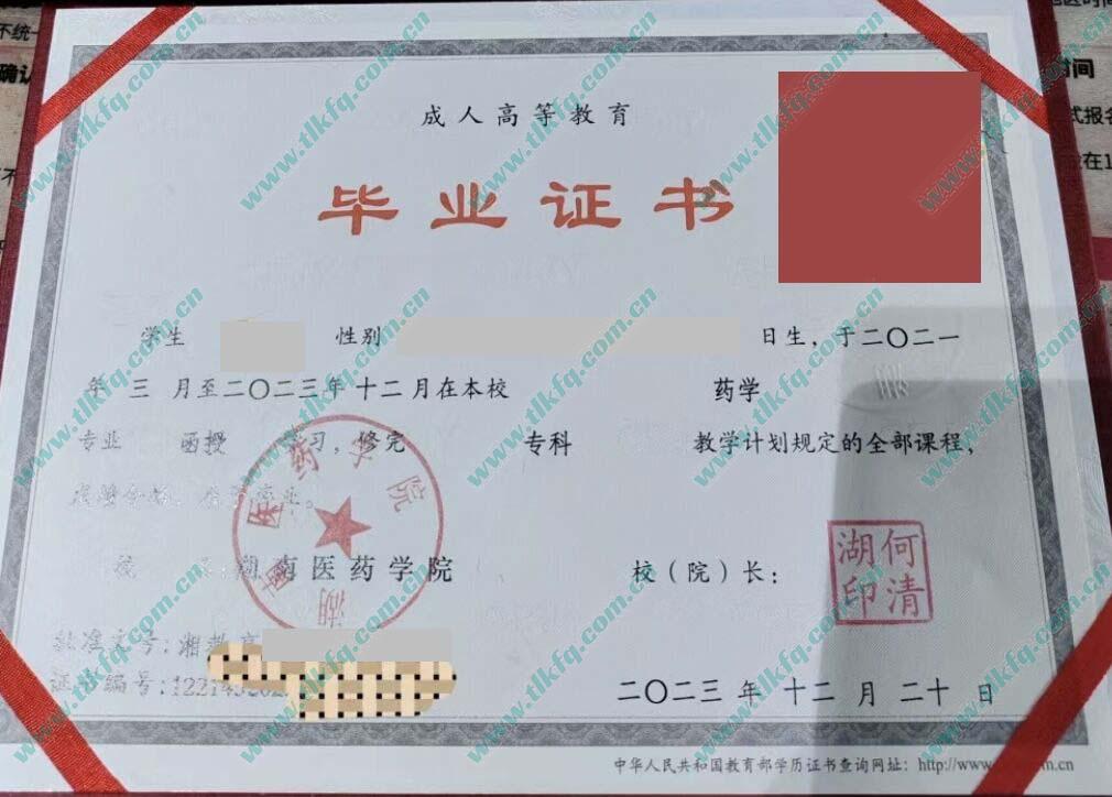 湖南医药学院2023年函授大专毕业证样本（药学）