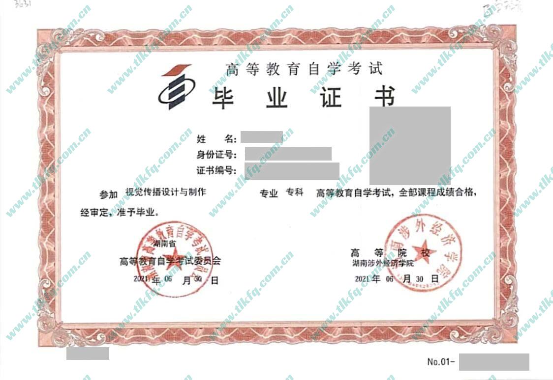湖南涉外经济学院2021年自考专科毕业证样本（视觉传达设计与制作）