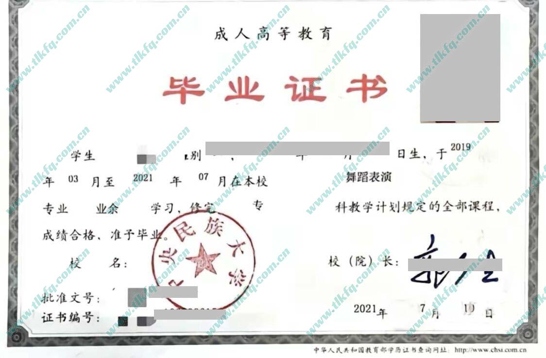 中央民族大学2021年成人大专毕业证样本（舞蹈表演）