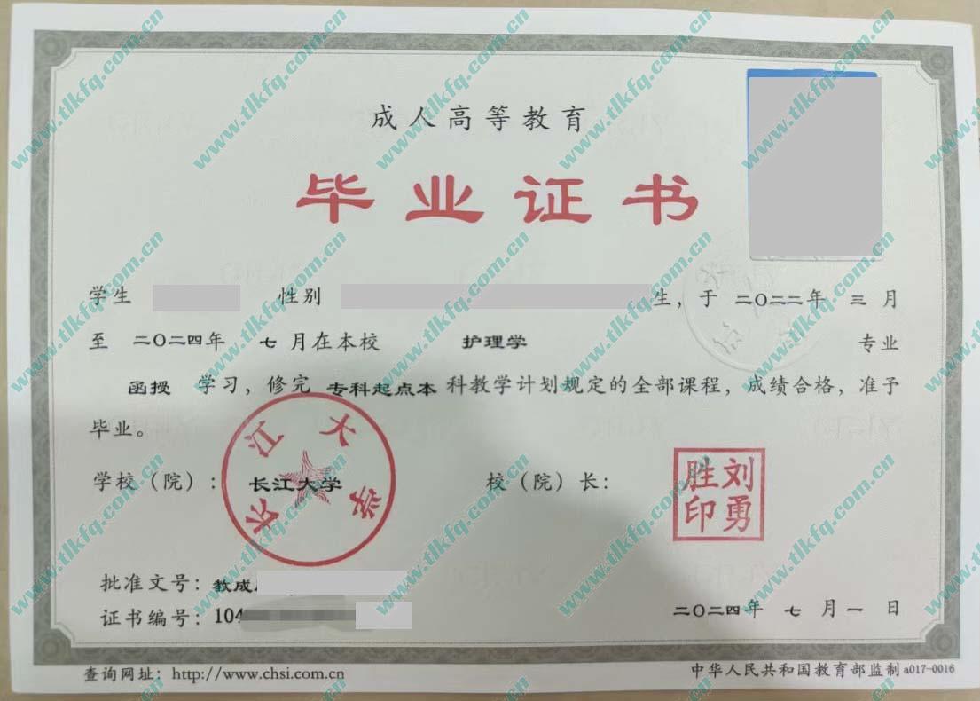 长江大学2024年函授专科起点本科毕业证样本（护理学）