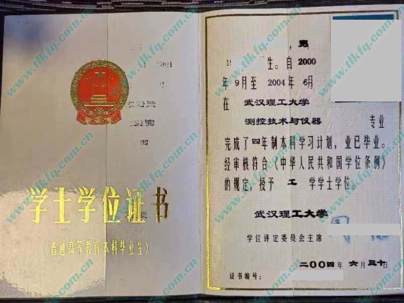 武汉理工大学2004年学位证样本（测控技术与设备）