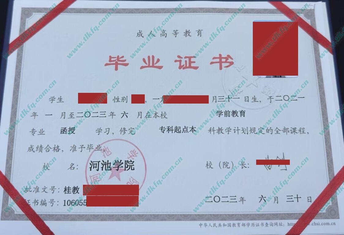 河池学院毕业证及学位证样本