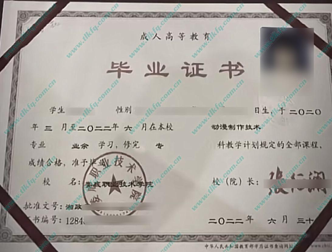 娄底职业技术学院2023年成人大专毕业证样本（动漫制作技术）