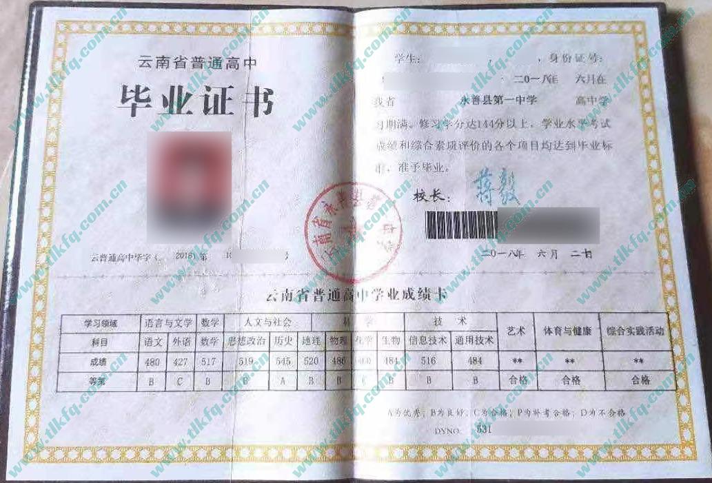 云南省永善县第一中学2018年高中毕业证样本