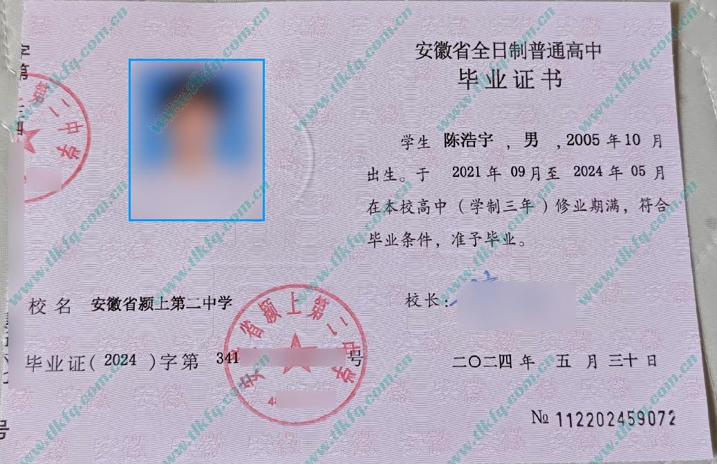 安徽省颍上第二中学2024年高中毕业证样本