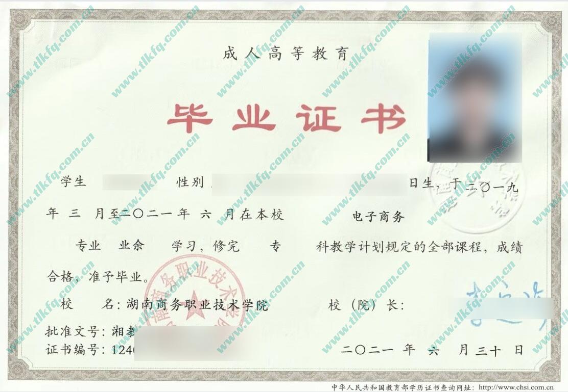 湖南商务职业技术学院2021年成人教育大专毕业证样本（电子商务）
