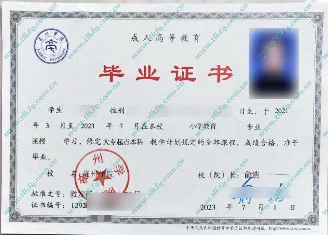 亳州学院2023年函授专升本毕业证样本（小学教育）