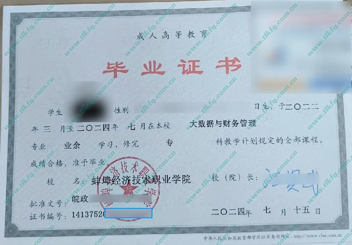 蚌埠经济技术职业学院2024年成人大专毕业证样本（大数据与财务管理）