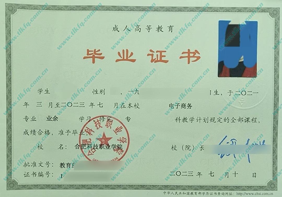 合肥科技职业学院2023年成人教育大专毕业证样本（电子商务）